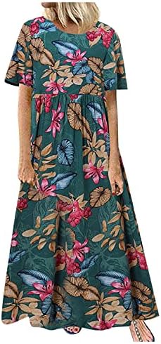 Obucite kratki rukav, žene plus veličine O-Neck cvjetni print vintage kratki rukav duga maxi haljina